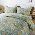 Travan 3-Piece Quilt Set Quilted Bedspread Cotton Coverlet Set Floral Printed Oversized Quilted Bedding Set with Shams for All Season, Green Vine, Queen Size