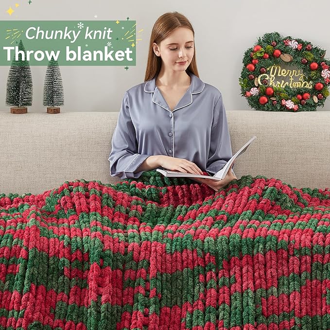Chunky Knit Throw Blanket, 40''*50'' Knitted Throw Chenille Yarn for Bed Couch, Handmade Stripe Crochet Big Thick Blanket, Machine Washable Cute Comfy Blanket for Home Decor