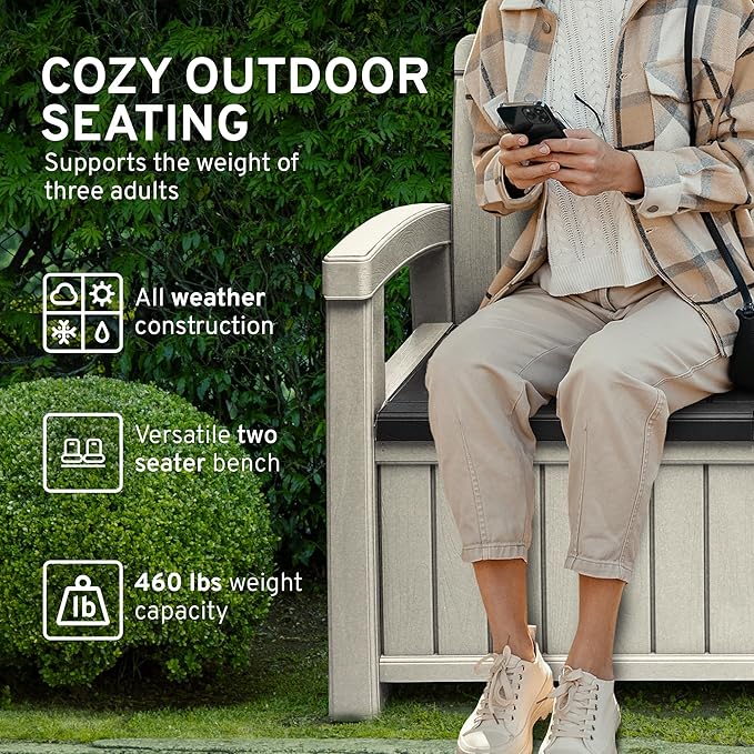 EconoHome 2 Seat Outdoor Storage Bench with Rain Cover - 60 Gallon Capacity - Weatherproof Resin Bench for Patio, Porch, Garden, Yard, Pool Area - Furniture for Pool Accessories, Gardening Tools