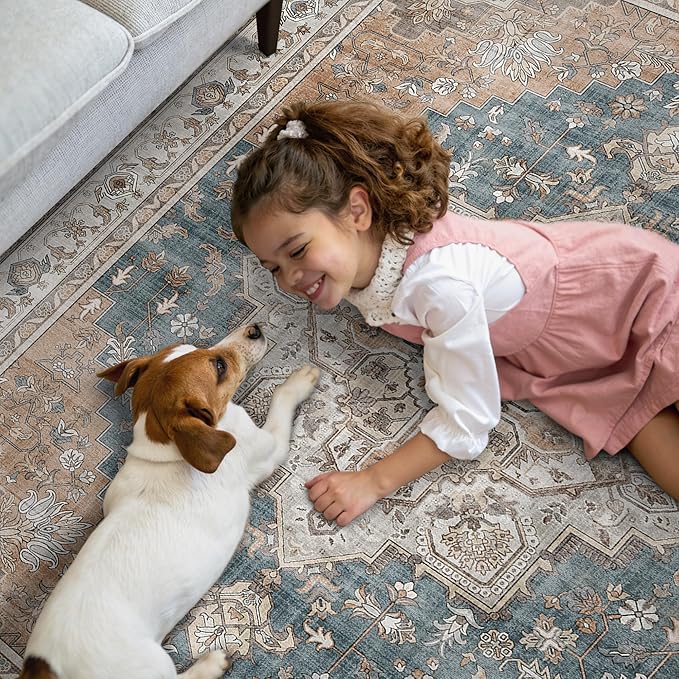 GENIMO 2x5 Runner Rugs for Hallway, Machine Washable Non Slip Vintage Rugs, Low Pile Lightweight Soft Print Rug for enrtyway, Corridor, Home Office, Kitchen, Blue Brown