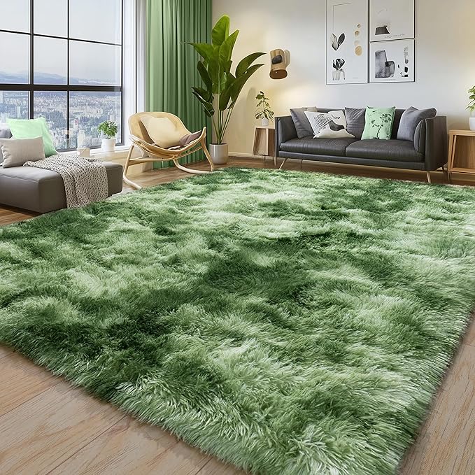 Large 8x10 Area Rugs for Living Room, Tie-Dyed Green Soft Shag Rug for Bedroom, Non-Slip Ultra Fluffy Rug, Modern Plush Carpet for Girls Boys Kids Room Dorm, Fuzzy Rug for Home Decor Aesthetic