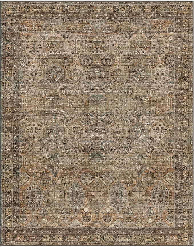 GENIMO 8x10 Area Rugs for Living Room, Machine Washable Non Slip Vintage Rugs, Low Pile Lightweight Chenille Print Rug for Bedroom, Dining Room, Home Office, Warm Taupe