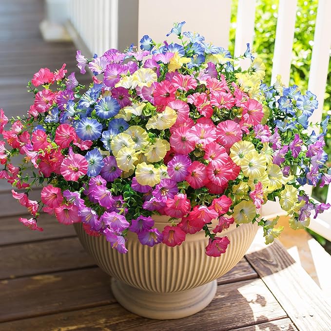 HyeFlora Artificial Flowers for Outdoors Fake Plants Outside Decoration, 12 Bundles Silk Colorful Morning Glory with Eucalyptus UV Resistant Realistic Faux Flowers for Planter Porch Patio Yard Indoor