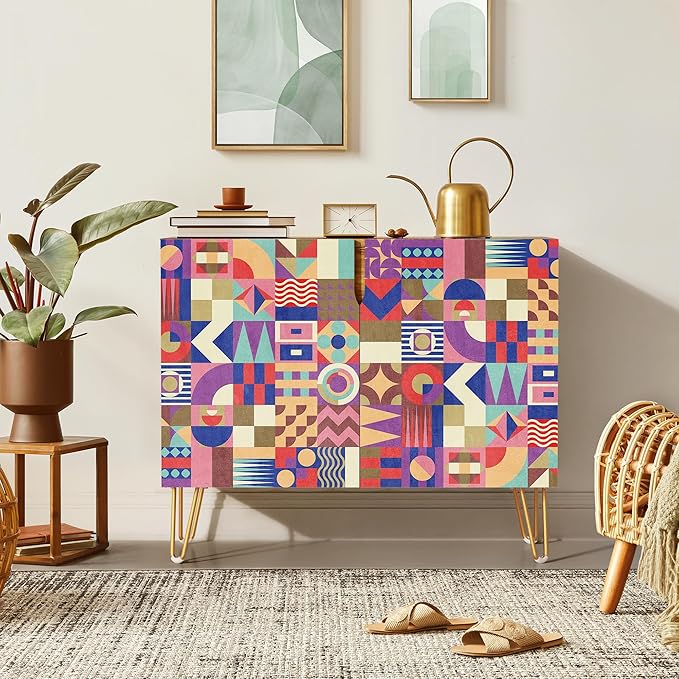 SIGNWIN Sideboard Buffet Cabinet, Kitchen Storage Cabinet with 2 Doors, Vibrant Polygon Collage Patterns, Cupboard Console Table for Dining Room - 35" L x 18" W x 29" H