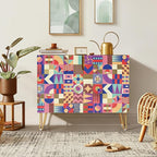 SIGNWIN Sideboard Buffet Cabinet, Kitchen Storage Cabinet with 2 Doors, Vibrant Polygon Collage Patterns, Cupboard Console Table for Dining Room - 35" L x 18" W x 29" H