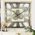 The Gears Clock 24'' Inch Square Real Moving Gear Wall Clock Vintage Industrial Oversized Rustic Farmhouse (Desert Beige)