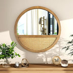 Rattan Round Mirror, 24 Inch Wall Mirror for Living Room Decor, Wooden Framed, Vintage Hanging Mirror, Hand-Woven for Wall Art Decoration