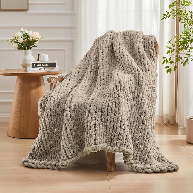 Carriediosa Chunky Knit Throw Blanket 50" X 60", 100% Hand Made Large Chenille Loop Yarn Soft Fluffy Throws for Couch Sofa Bed, Big Crochet Cozy Heavy Thick Cable Woven Blankets, Taupe