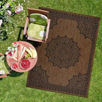 CAMILSON Outdoor Rug, 9x12 Medallion Nut Brown Black Modern Area Rugs for Large Indoor and Outdoor Patios, Kitchen and Hallway Mats, Washable Porch Deck Outside Carpet (Nut Brown Black, 9 x 12)
