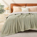 EMME Muslin and Fleece Queen Blanket Reversible - 80"*90" Sage Green Soft Warm Throw Blankets for Couch Bed Picnic Travel Bed