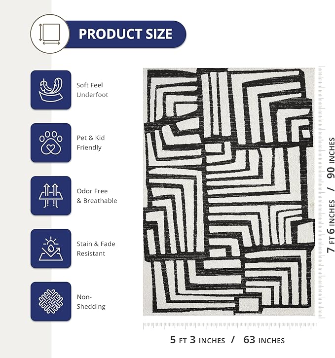 Abani Nomad Cream & Grey Area Rug 5' x 8' for Living Room, Bedroom - Geometric Box Design - Durable & Easy to Clean