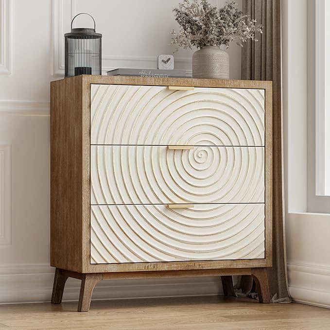 LONYKE Farmhouse 3 Drawer Dresser X 2P, White Nightstand with Handcrafted Wood Ring Motif for Bedroom, Rustic & Natural, Fully Assembled, Boho