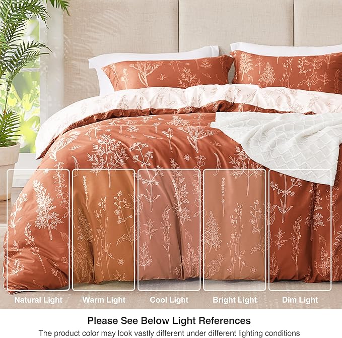 Love's cabin Terracotta Comforter Set King - King Size Comforter Set, 3 Pieces Cute Floral Bedding Sets for All Seasons,1 Soft Reversible Botanical Flowers Comforter and 2 Pillow Shams