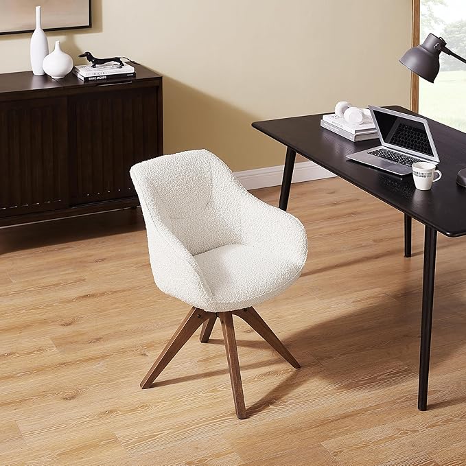 Art Leon Desk Chair No Wheels, Mid Century Modern Office Chair, Swivel Accent Chair with Oak Wood Legs, Boucle Fabric Upholstered Arm Chair, White