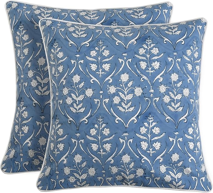 Ridhi Hand Block Print 20x20 Baby Blue Decorative Outdoor Couch Throw Canvas Pillow Cover Set of 2 Washable Modern Vintage Boho Chic Spring Home Decor Gifts Cover
