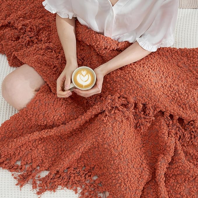 Amélie Home Knit Throw Blanket with Tassels for Couch, Luxury Boho Throw Blanket for Summer Orange, 50"x60"