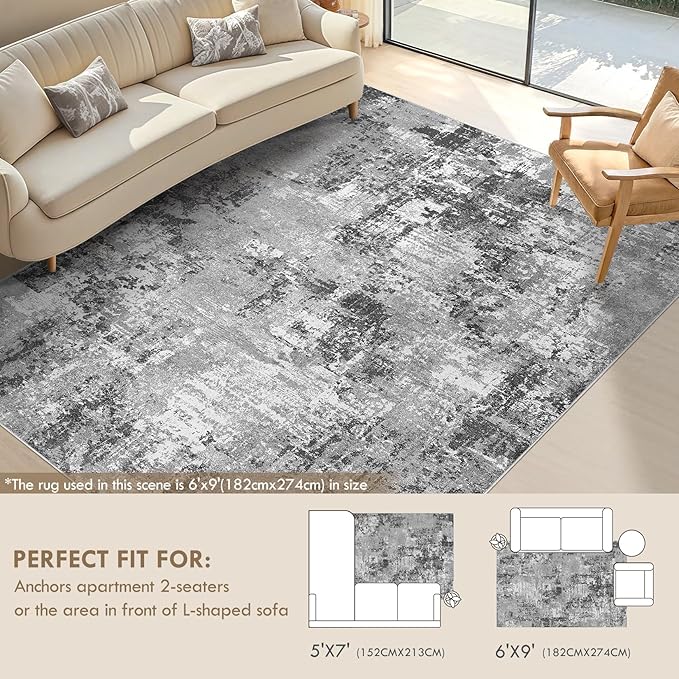 Tortania Washable 6x9 Area Rug for Living Room: Modern Abstract Neutral Large Soft Thin Rugs - Non Slip Indoor Carpet for Bedroom Dining Room Office Nursery Home Floor Decoration - Grey