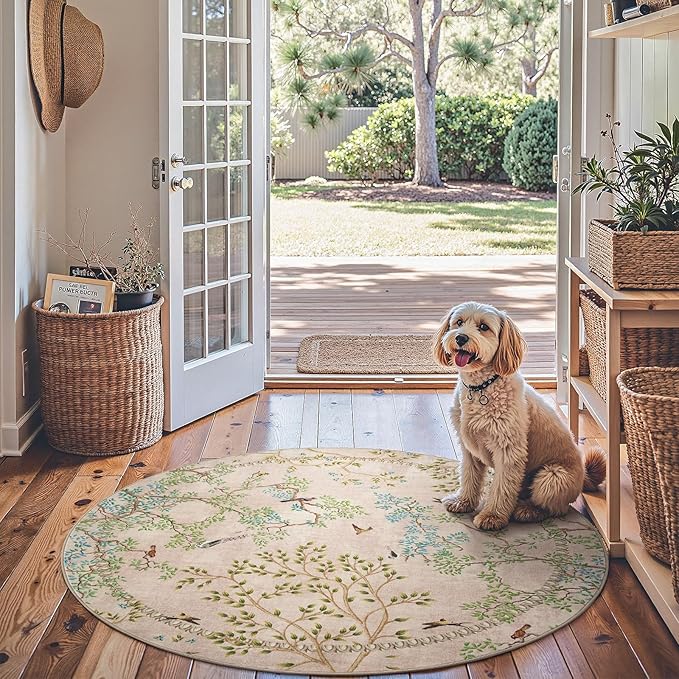 jinchan Round Rugs 4ft Beige Botanical Birds Print Machine Washable 4' Circle Nature Plants Modern Soft Non Slip Throw Area Rugs Ultra Thin Low Pile Carpet for Entryway Bedroom Kitchen Room