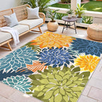 Indoor Outdoor Area Rug Washable Multicolored Patio Rug Tropical Botanical Modern Floral Indoor Outdoor Carpet Non Slip Yellow Green Rug Non Shedding for Patio, Deck, Backyard, Porch (5x8)