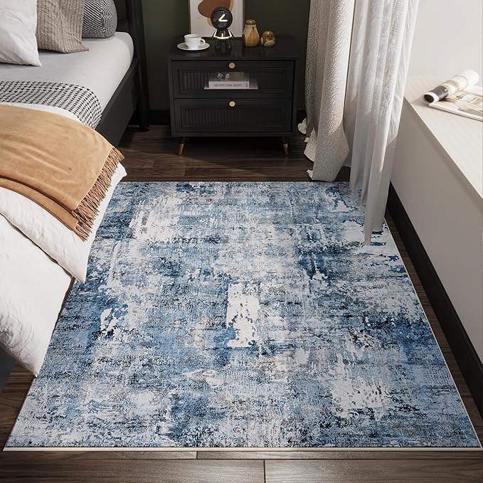 Rugcomf 3x5 Rug Washable Boho Rug Soft Area Rug Abstract Pattern Non-Slip Non-Shedding Faux Wool Vintage Rug for Bedside, Bedroom Rug, Kitchen, Floor, Indoor, Laundry, Blue