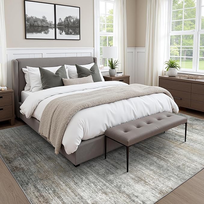 Area Rugs 9x12 for Living Room Bedroom, Modern Abstract Machine Washable Rug, Large Soft Low Pile Floor Cover with Non Slip Backing for Dining Room, Ash Gray Brown