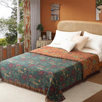 Boho Throw Blanket Twin Size, Soft Cozy Cotton Muslin Quilt Blanket for Bed Decor, Floral Patterned Couch Sofa Chair Cover, Vintage Farmhouse Cottage Tapestry Woven Blanket, Green&Orange