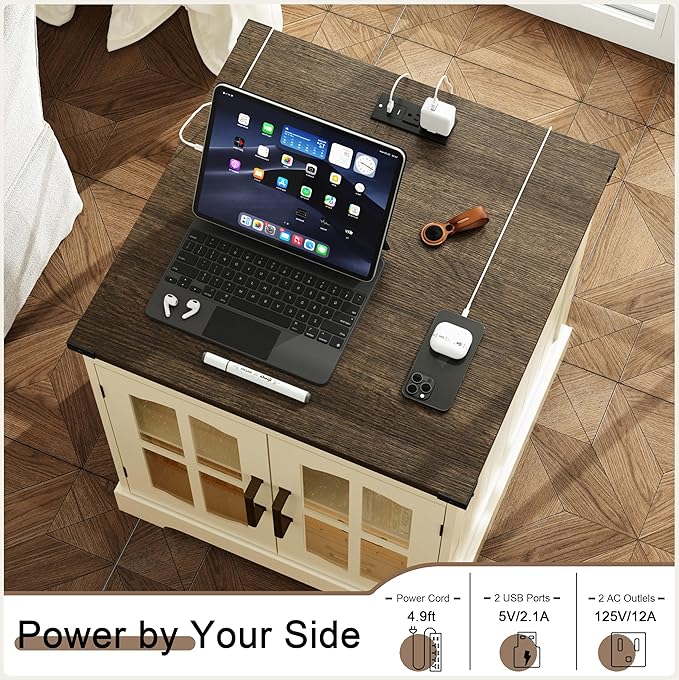 ChooChoo Farmhouse End Table Set of 2, 24" Large Sofa Side Table with Charging Station & LED Light, Nightstand with Adjustable Storage Shelf for Living Room Beige (Cream Mix with White)