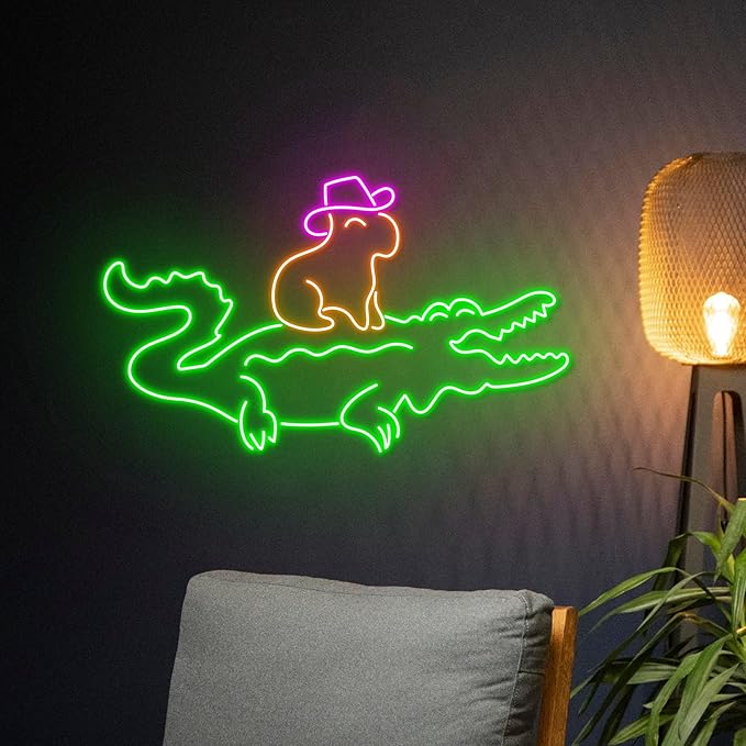 Cowboy Capybara Crocodile Neon Sign Crocodile Capybara Cowboy Hat Led Sign LED Signage
