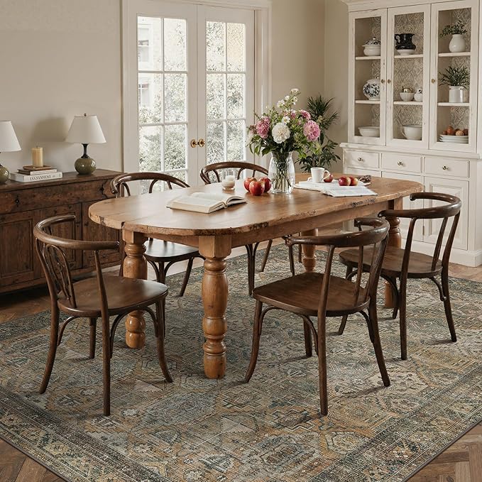 GENIMO 9x12 Area Rugs for Living Room, Machine Washable Non Slip Vintage Rugs, Low Pile Lightweight Chenille Print Rug for Bedroom, Dining Room, Home Office, Warm Taupe