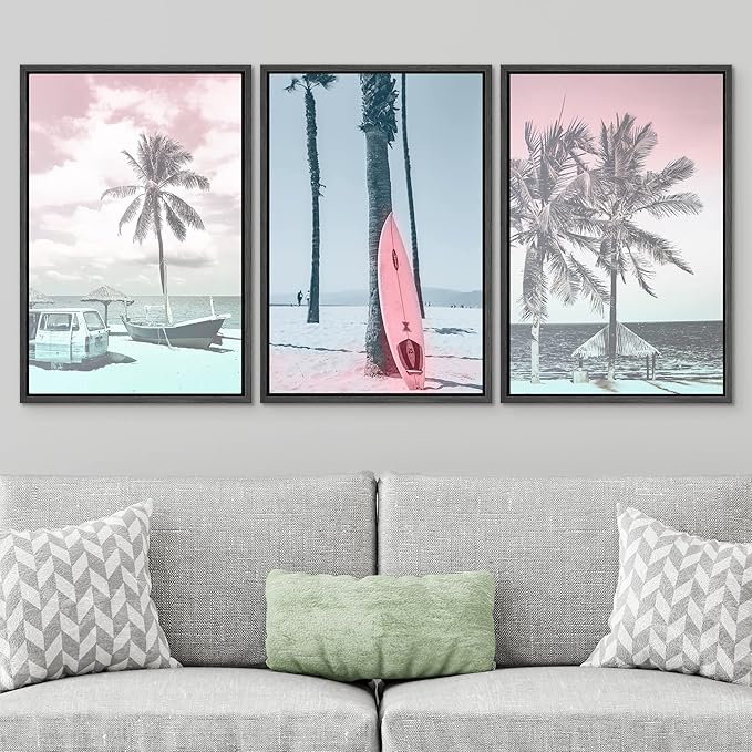 SIGNWIN Framed Canvas Print Wall Art Set Vintage Retro Hawaiian Island Hut Surfboard Nature Wilderness Photography Modern Art Landscape Relax/Calm for Living Room, Bedroom, Office - 16"x24"x3 Black