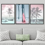 SIGNWIN Framed Canvas Print Wall Art Set Vintage Retro Hawaiian Island Hut Surfboard Nature Wilderness Photography Modern Art Landscape Relax/Calm for Living Room, Bedroom, Office - 24"x36"x3 Black