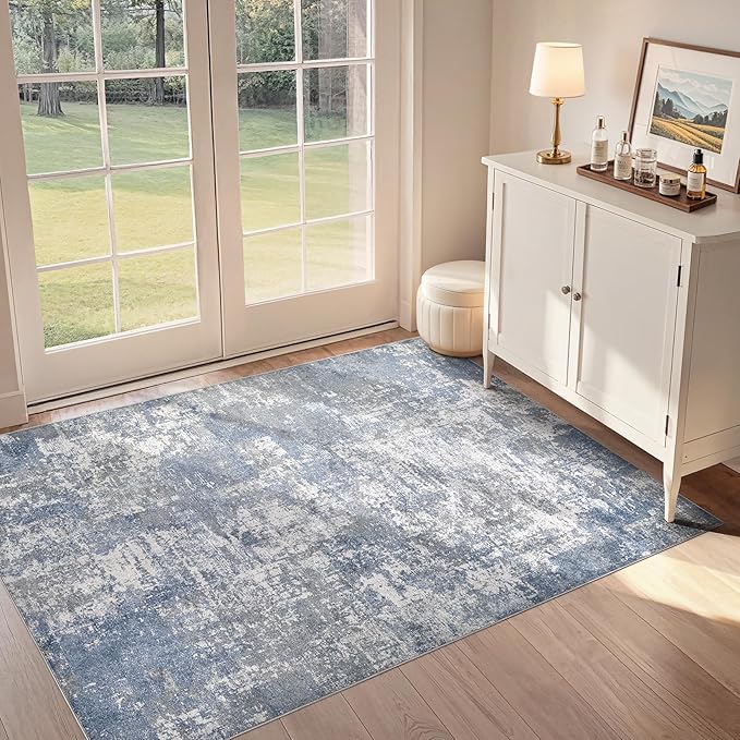 Tortania Washable 3x5 Area Rug - Modern Abstract Neutral Rugs Indoor Soft Thin Mat Non Slip Carpet for Entrance Front Door Living Room Bedroom Home Floor Decoration - Blue Grey