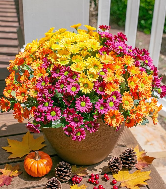 Daisy Artificial Flowers for Outdoors Fall Autumn Decoration, 6 Bundles Fake Mums Silk Flowers for Outside Look Real UV Resistant Fake Plants Faux Flowers for Planter Front Door Home Indoor Porch, Mix