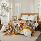 Boho Throw Blanket for Bed 60”x80”, 100% Cotton Woven Blanket for Couch Sofa, Ultra Soft 4-Layer Muslin Quilt with Floral Printed, Farmhouse Bed Blanket/Cover for Living Room Decor