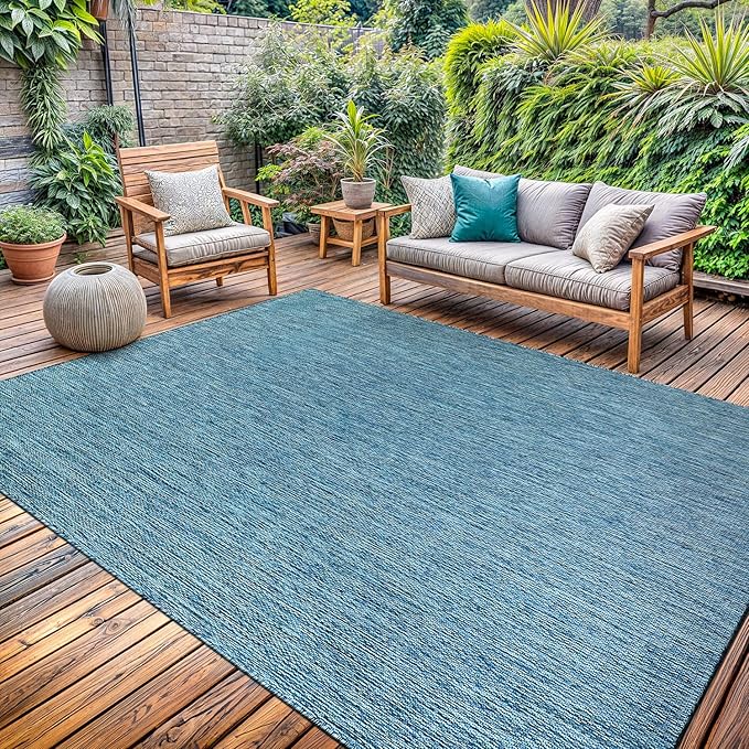 Washable Indoor Outdoor Rug Weather Resistant Carpet Modern Solid for Porch Deck Balcony Backyard Patio Rug 6x9 Aqua Blue