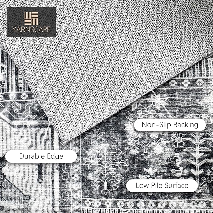 Vintage 2'6'' x 8' Washable Area Rug - Stylish Indoor Rug for Living, Dining or Bedroom - Lightweight Carpet with Non-Slip Backing - Foldable for Easy Placement and Maintenance - Grey