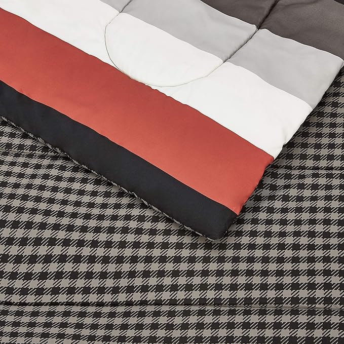 Amazon Basics Full/Queen Comforter Set with Plaid, Striped Sheets, 7-Piece Red Simple Stripe Bedding, Lightweight Microfiber Bed-in-a-Bag