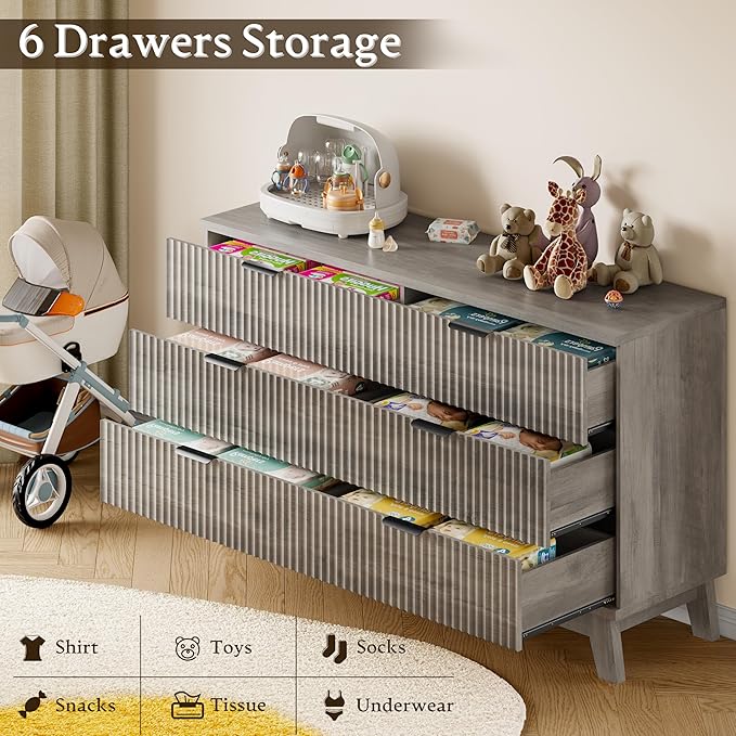 53" Long Dresser for Bedroom, 6-Drawer Dresser with Fluted Fronts, Wide Wood Chest of Drawers, Smooth Metal Slides, Stable Base, Modern Clothes Storage Cabinet for Living Room, Hallway