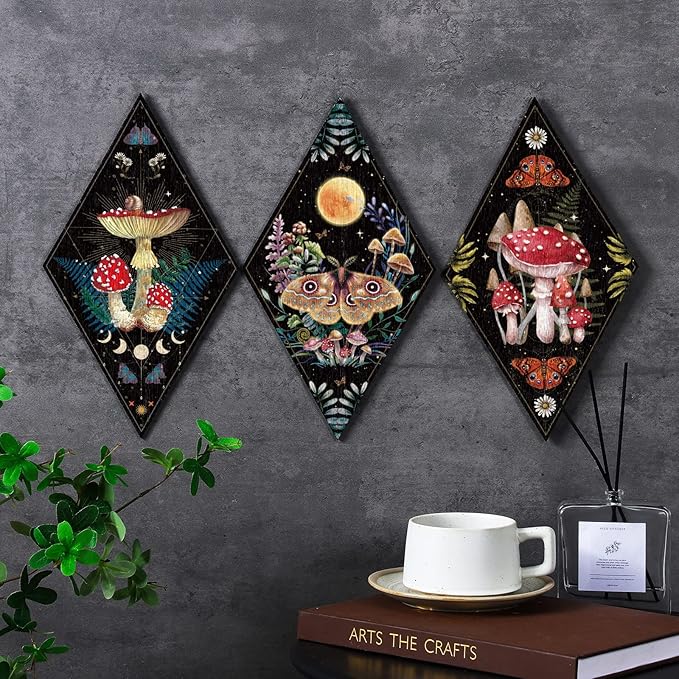 Sintuff 6 Pieces Halloween Gothic Wall Decor Boho Sun Moon Phases Wall Art Gothic Minimalist Stars Sun Hanging Wooden Home Decor Farmhouse Pediments for Gallery Living Bedroom Room(Mushroom)