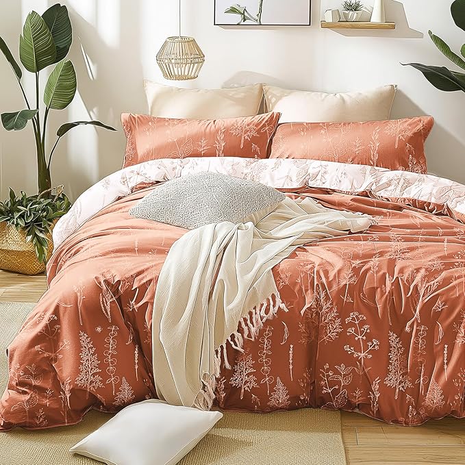 Love's cabin Terracotta Comforter Set Queen - Queen Size Comforter Set, 3 Pieces Cute Floral Bedding Sets for All Seasons,1 Soft Reversible Botanical Flowers Comforter and 2 Pillow Shams
