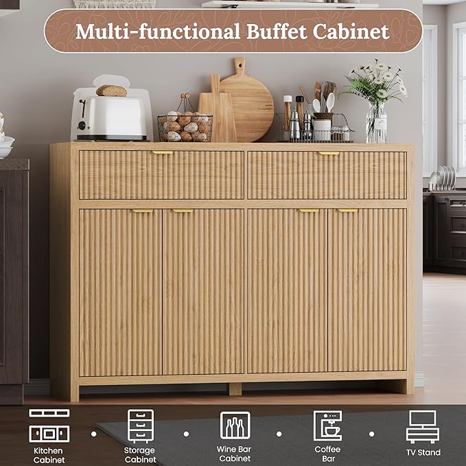 Fluted Sideboard Buffet Cabinet with Storage Drawers, 55" Large Accent Storage Cabinet for Entryway, Kitchen, Living Room - Wood