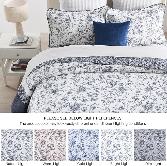 DDUOXIN Botanical Super Oversized King Bedspread - 128" W x120 L Extra Wide 100% Cotton California Quilt, Lightweight Reversible Oversize Bedspreads with 2 Pillow Shams, Blue/White