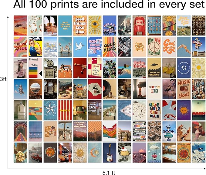 Y2K BOO Hippie Aesthetic Wall Collage Kit – 100 Multicolor Boho Retro Photos, 4"x6" Semi-Gloss Prints for Teen Girls Dorm Room Decor, Vintage 70s Wall Art, Birthday & Graduation Gift