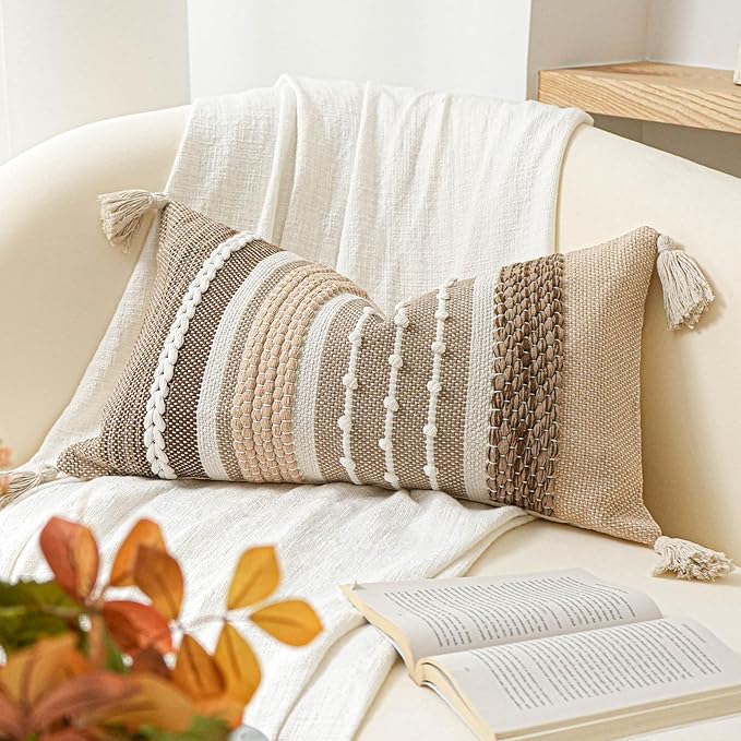 BlissBlush Decorative Lumbar Throw Pillow Cover 14x24 Boho Brown Accent Cushion for Couch Sofa Farmhouse Pillowcase for Bedroom Living Room Home Décor Cover ONLY