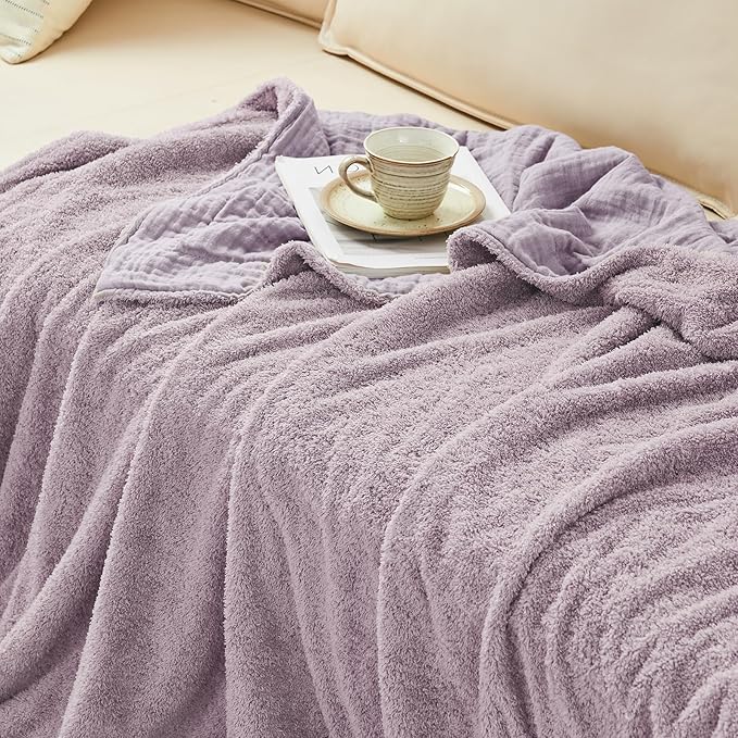 EMME Muslin and Fleece Twin Blanket Reversible - 60"*80" Lavender Soft Warm Throw Blankets for Couch Bed Picnic Travel Bed