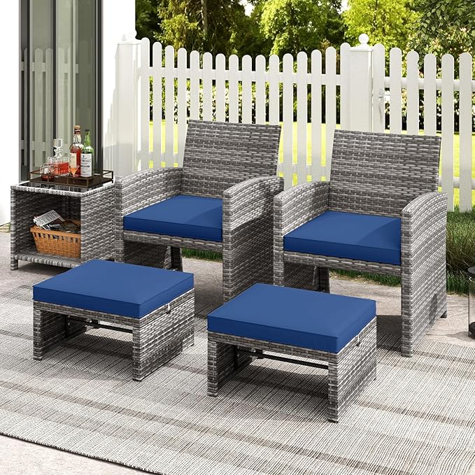 Tangkula 2 Pieces Patio PE Rattan Ottomans, Multipurpose Outdoor Footstool Footrest Additional Seating Side Table with Soft Zippered Cushions for Deck, Garden, and Yard (Navy Blue)
