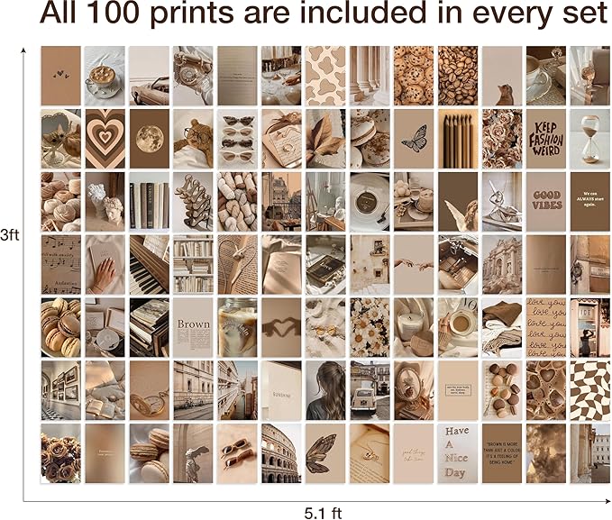 Y2K BOO Beige Brown Aesthetic Wall Collage Kit – 100 Modern & Vintage Photos, 4"x6" Semi-Gloss Prints for Teen Girls Dorm Room Decor, Cozy & Warm Everyday Moments, Gift for Birthday & Graduation