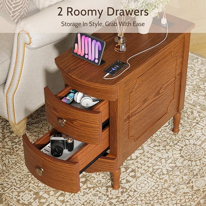 End Table with Charging Station, Narrow Side Table with 2 Drawer, Wood Sofa Side Table for Living Room, Vintage Slim Nightstand Bedside Table for Bedroom, Pre-Assembled (Dark Walnut)