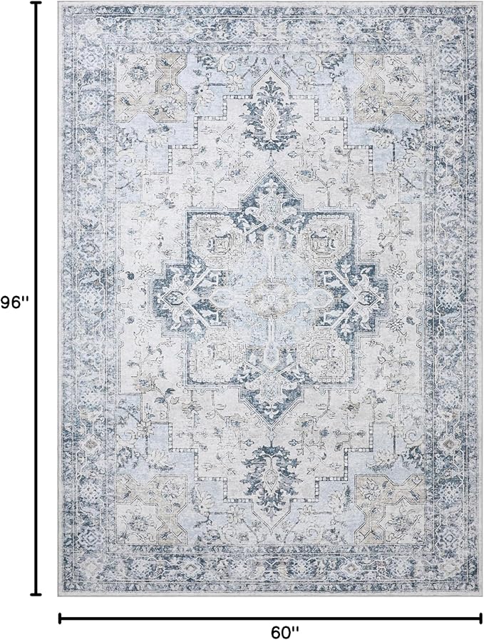 GENIMO 5x8 Area Rugs for Living Room, Machine Washable Low Pile Rugs, Chenille Non Slip Vintage Rug for Bedroom, Dining Room, Home Office, Blue