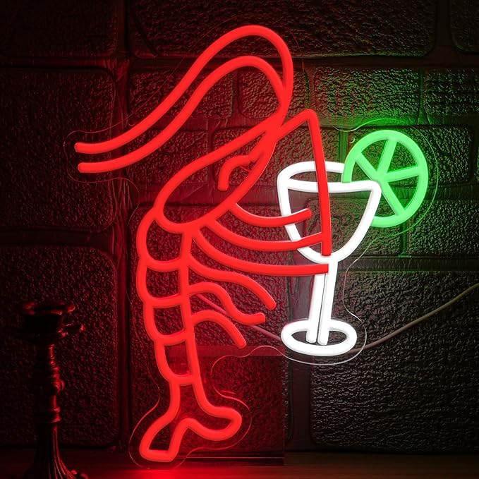 Lobster Cocktail Neon Sign,Dimmable Shrimp Bar Neon Light for Party Bar Pub Restaurant Shop Window Decoration(15.75 * 12.6In)